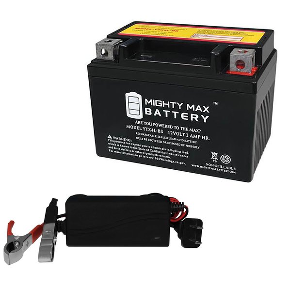 Mighty Max Battery YTX4L-BS 12V 3AH Replacement Battery compatible with INTERSTATE FAYTX4L XR250L With 12V 1Amp Charger MAX3508941